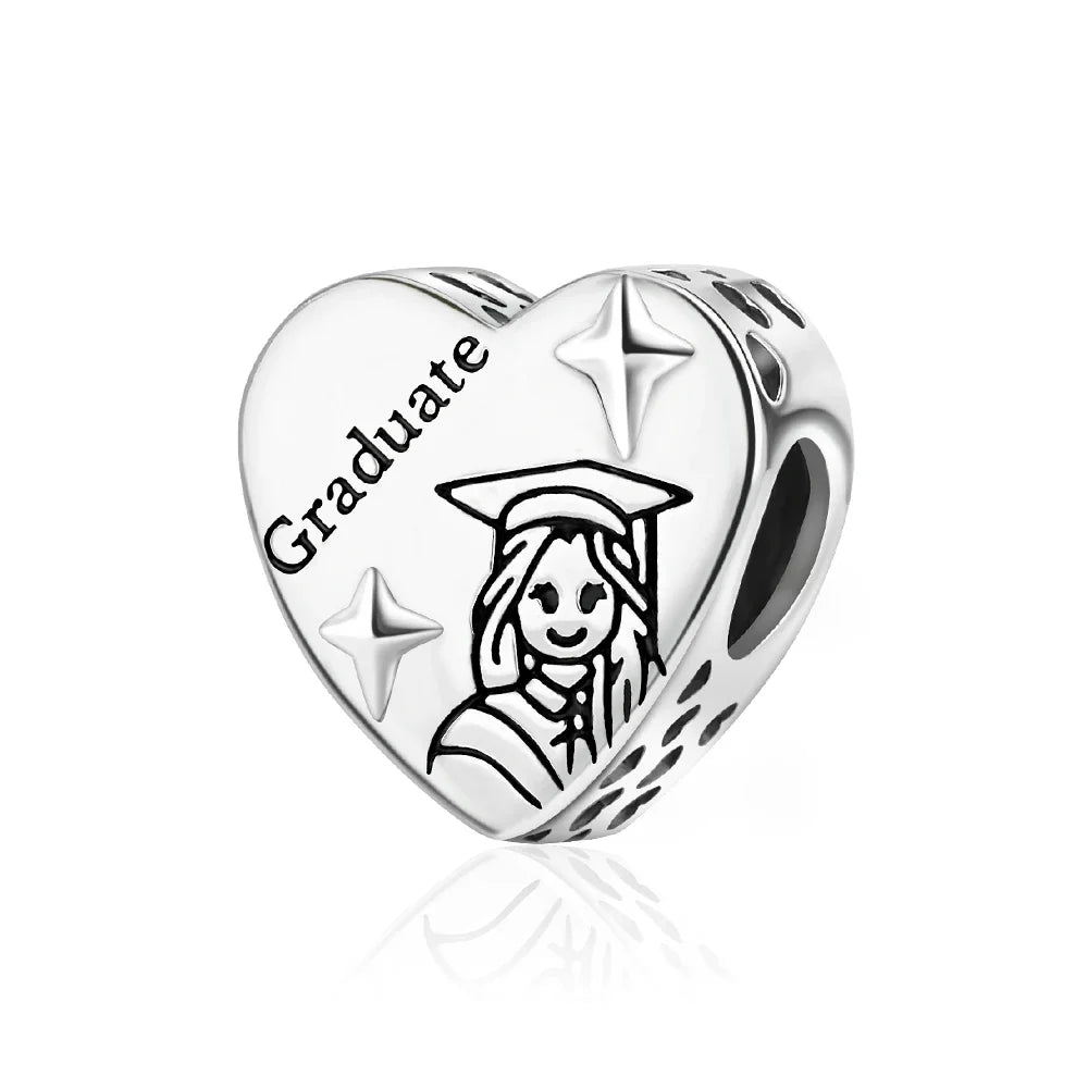 925 Sterling Silver Graduation Mortarboard Charm with Zircon Beads for DIY Bracelet Fine Jewelry Gift