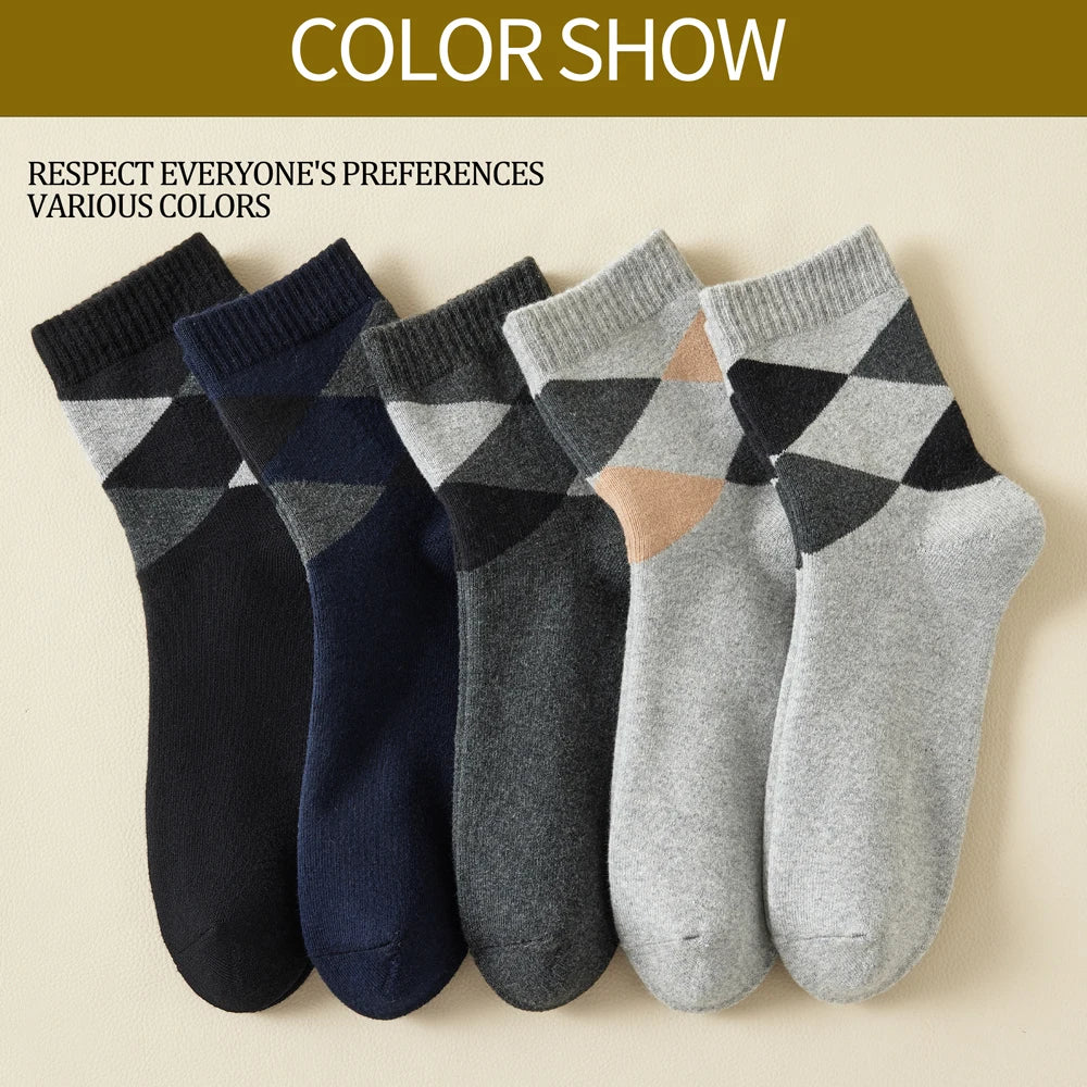 Mens Retro Argyle Cotton Fleece Lined Mid Calf Socks