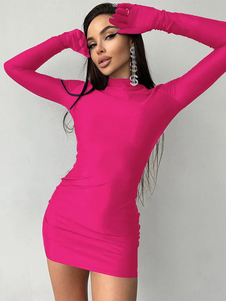 Solid Longsleeve Mini Bodycon Dress With Gloves Y2K
