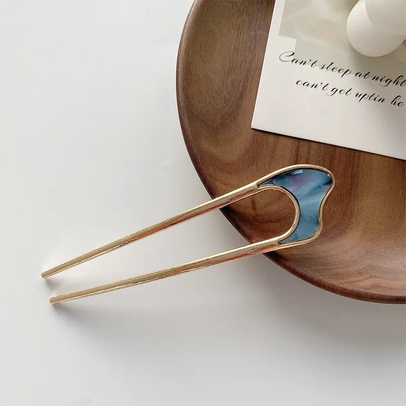 Elegant Turquoise Enamel Shell Hairpin for Women Luxury Metal U Shape Hair Stick