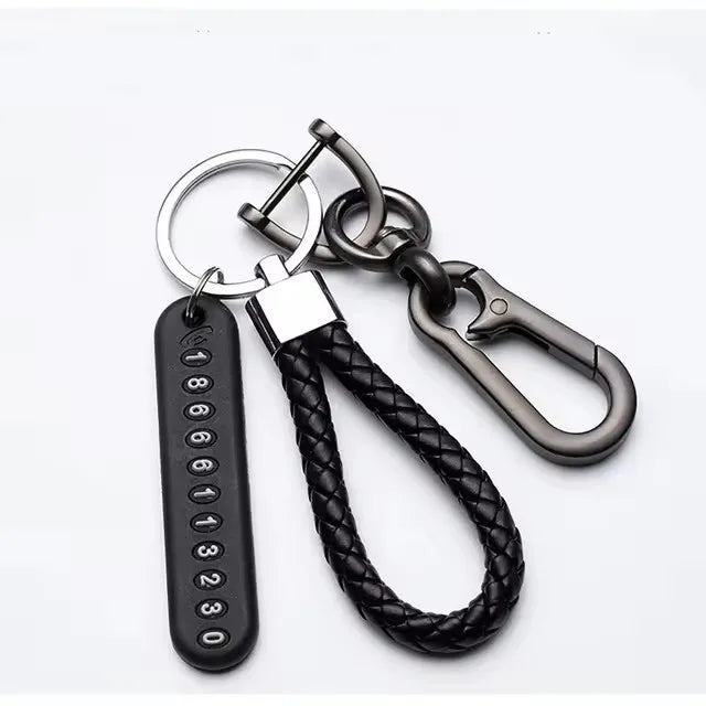 Trendy Keychain Pendant DIY Mobile Phone Number Plate with Woven Leather Rope Anti Lost Car Key Accessory for Men Style 3