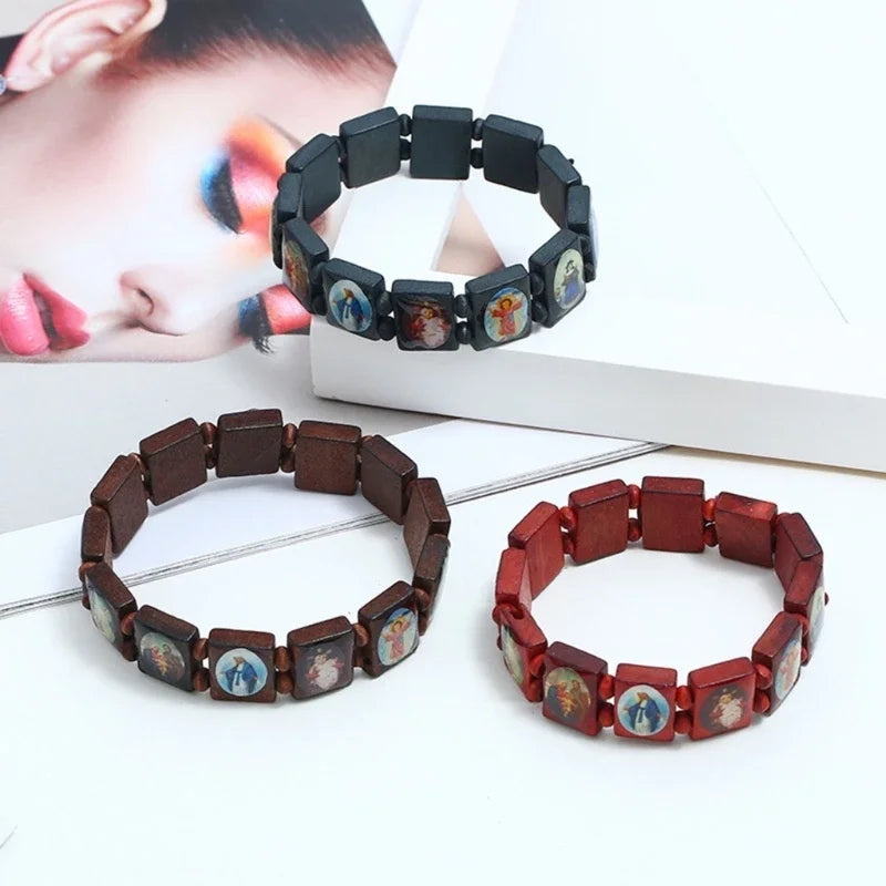 Colorful Wooden Rosary Bracelet with Elastic Beaded Design for Religious Devotion