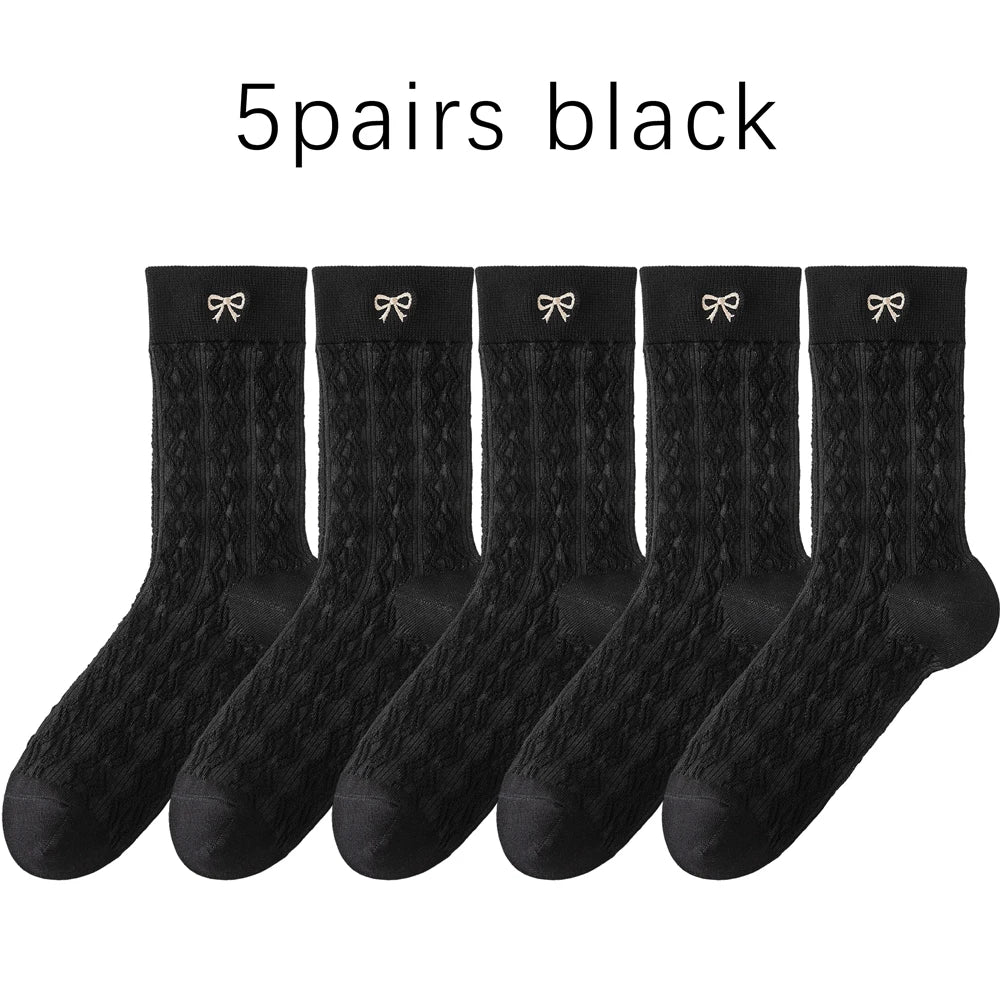 Kawaii Japanese Embroidered Cotton Mid Calf Socks 5 Pairs