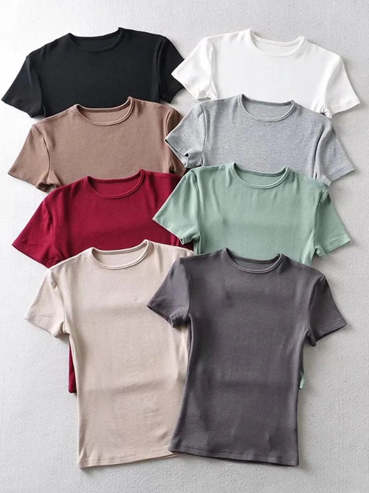 Slim Cotton Blend Cropped Tee For Women O Neck Summer