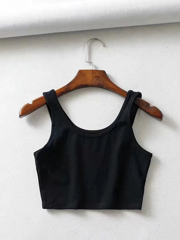 Sexy Women Summer Sleeveless Cotton Knit Crop Top U Collar