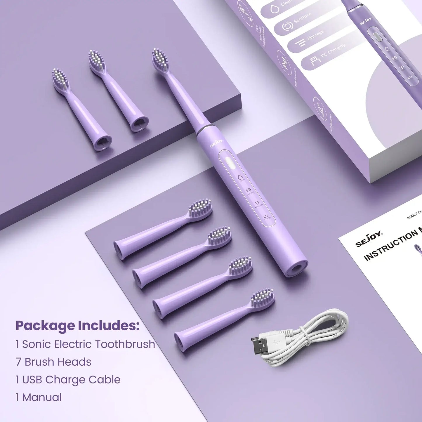 SEJOY Oral Cleaning Sonic Electric Toothbrush with 3 Modes Purple