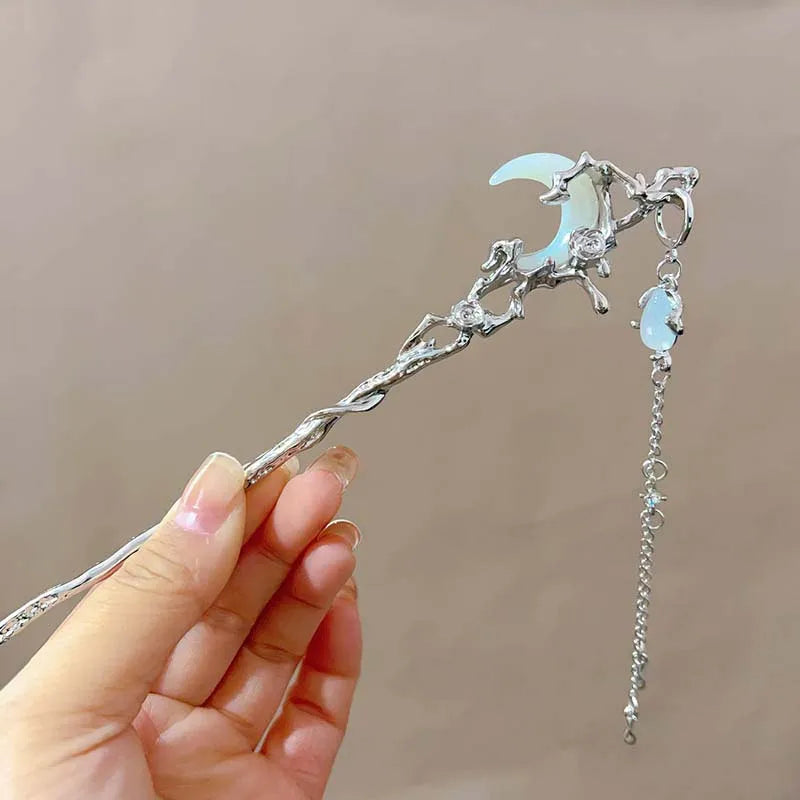 Elegant Black Crystal Moon Tassel Hair Stick For Women Retro Floral Hanfu Hairpin