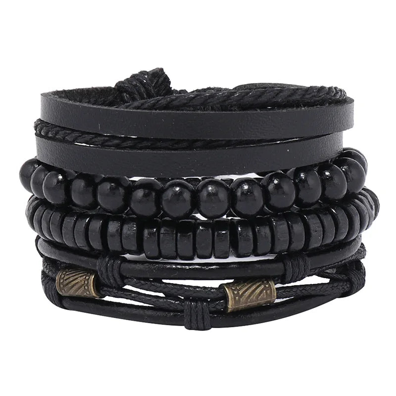 ZORCVENS Men's Handmade Braided Leather Bracelet Set - Vintage Black Punk Fashion Gift