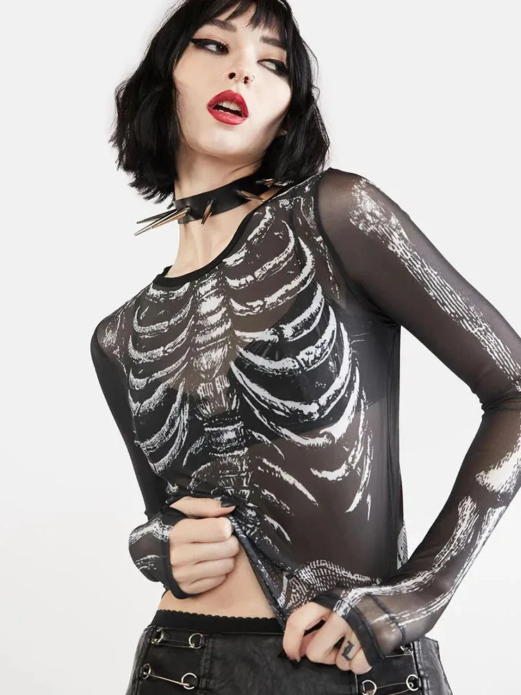 Gothic Punk Y2K Women Skeleton Crop Top Black Long Sleeve