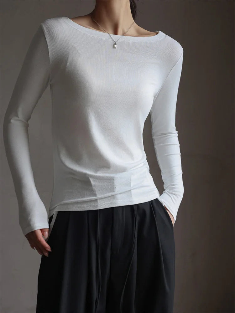 Dozw Women Slim Fit Modal T Shirt Slash Neck Korean Top