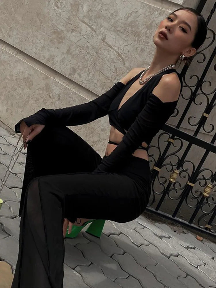 Sexy Black Crop Top Lace Up Streetwear Flattering Fit Women