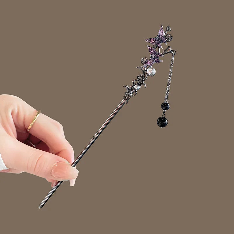 Elegant Ink Flower Tassel Hairpin Forks for Women - Modern Hanfu Hair Jewelry with Black Beads Fringe