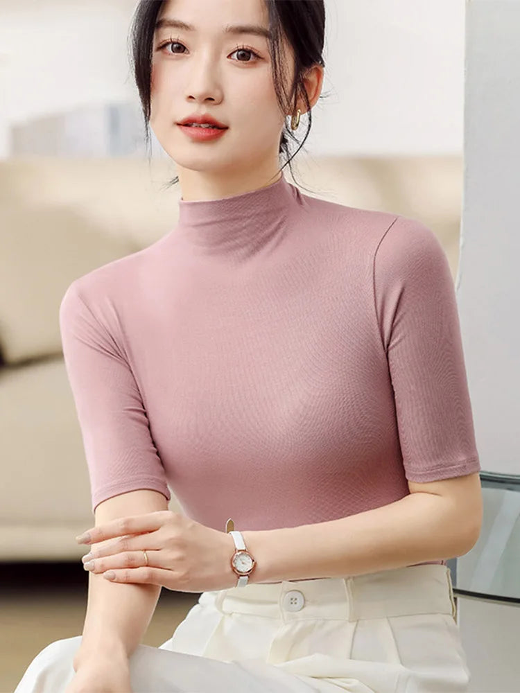 Half Turtleneck Milk Silk Slim Short Sleeve Top Basic