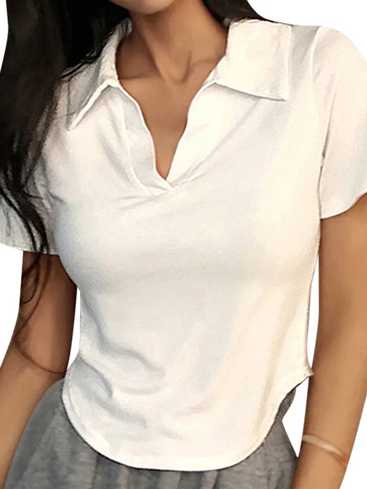 Women Summer Crop V Neck Slim Short Sleeve Knit Top