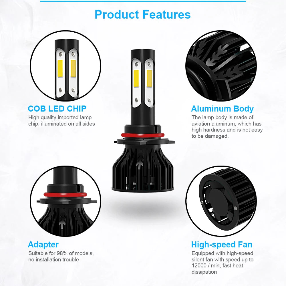 ChicYoo 2pcs High Power Car LED Headlight Bulbs 26000LM 6000K White 8000K Ice Blue 360 Degree Beam 4 Sides Aviation Aluminum 9005 HB3 9006 HB4 H4 H7 H11 H13 9004 9007 Compatible