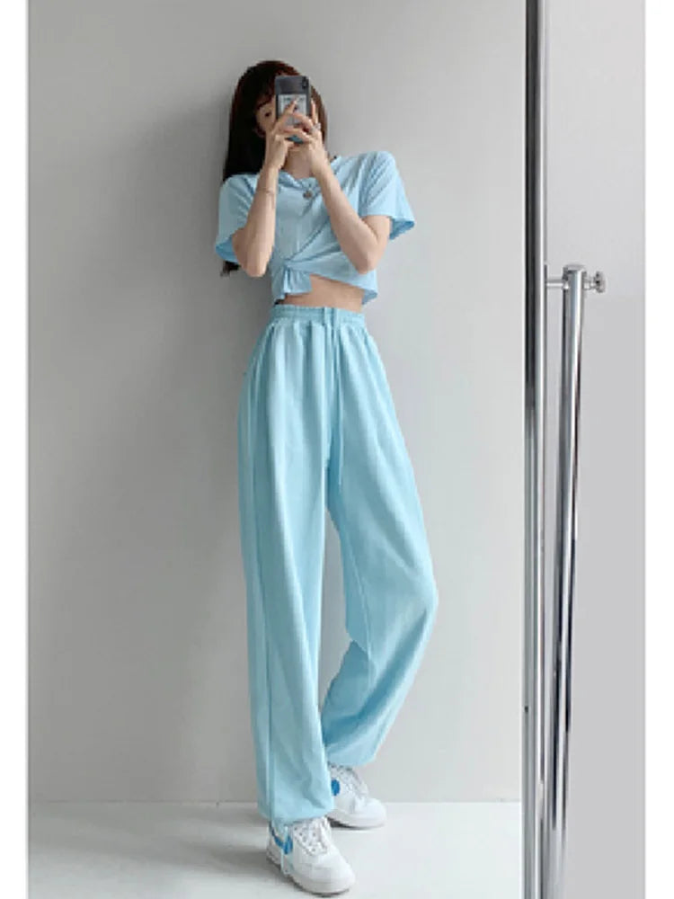 Korean White Blue High Waist Loose Drawstring Harem Pants
