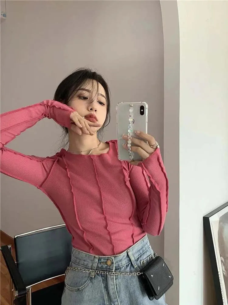 Long Sleeve T-shirts Women Spring Solid O-Neck Elegant Bright Line Decoration Slim Casual Soft High Quality Ladies Clothing Tees
