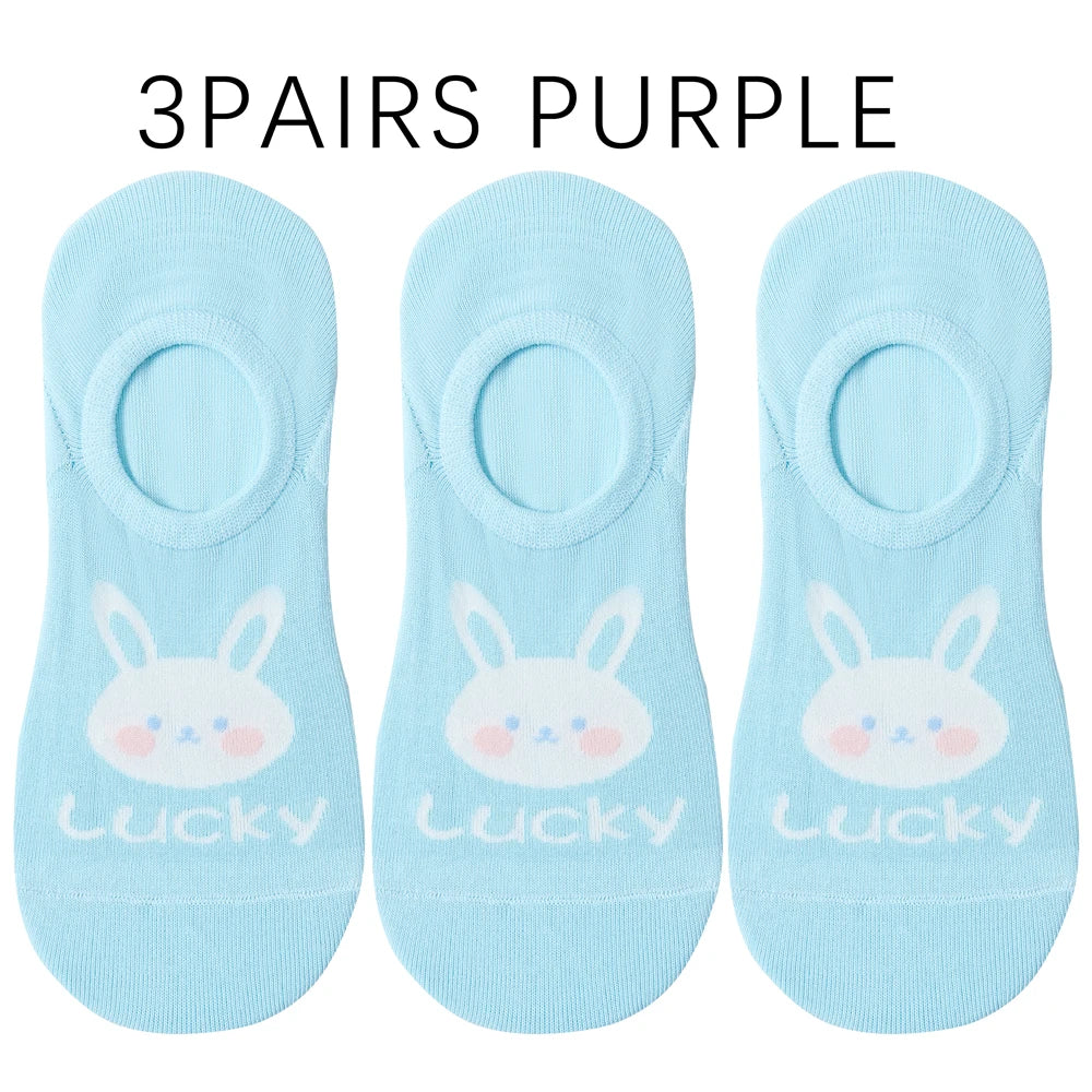 Kawaii Rabbit No Show Socks For Women 3 Pairs Cotton
