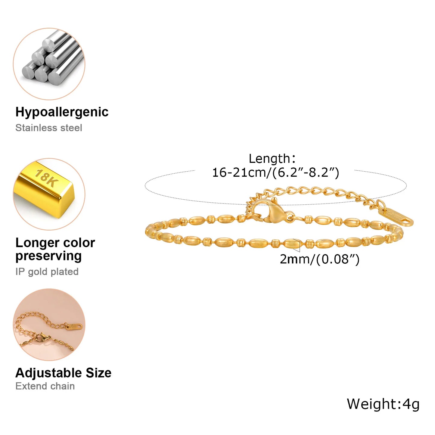 Elegant Gold Plated Link Bracelet for Women - Adjustable Stainless Steel Waterproof Jewelry