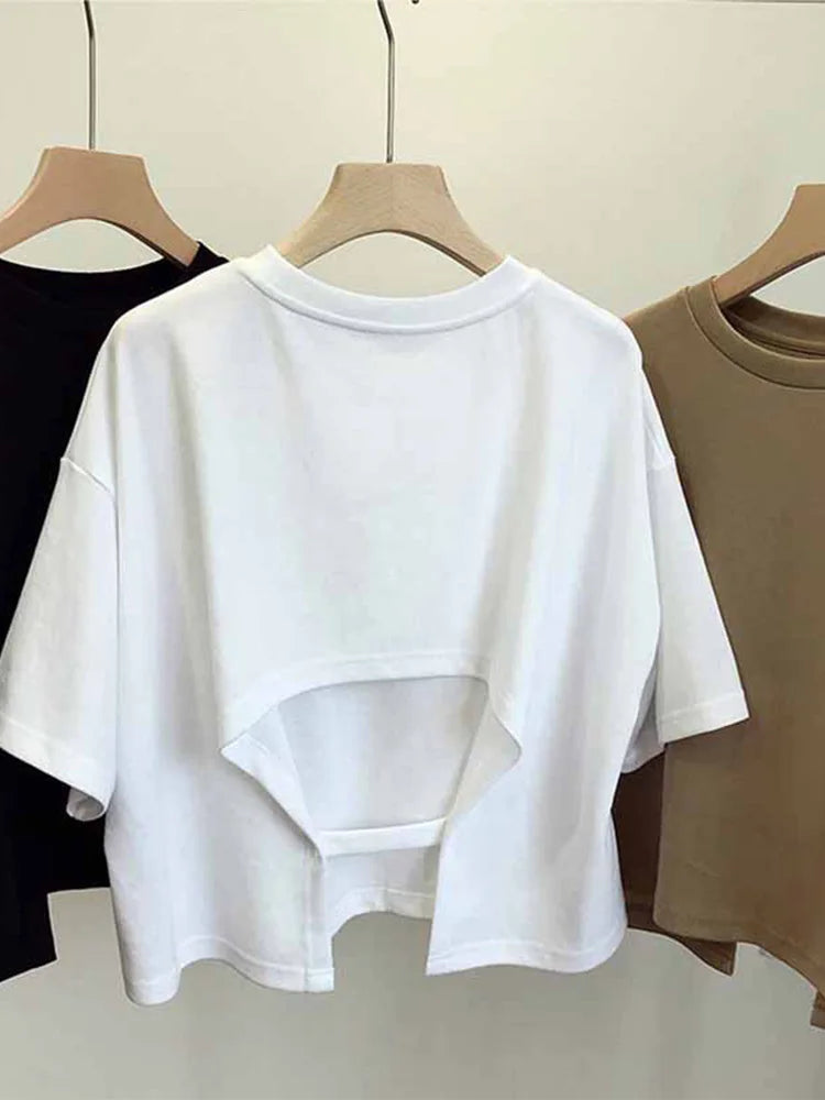 Korean Summer Backless Crop Top Loose Round Neck Sweet