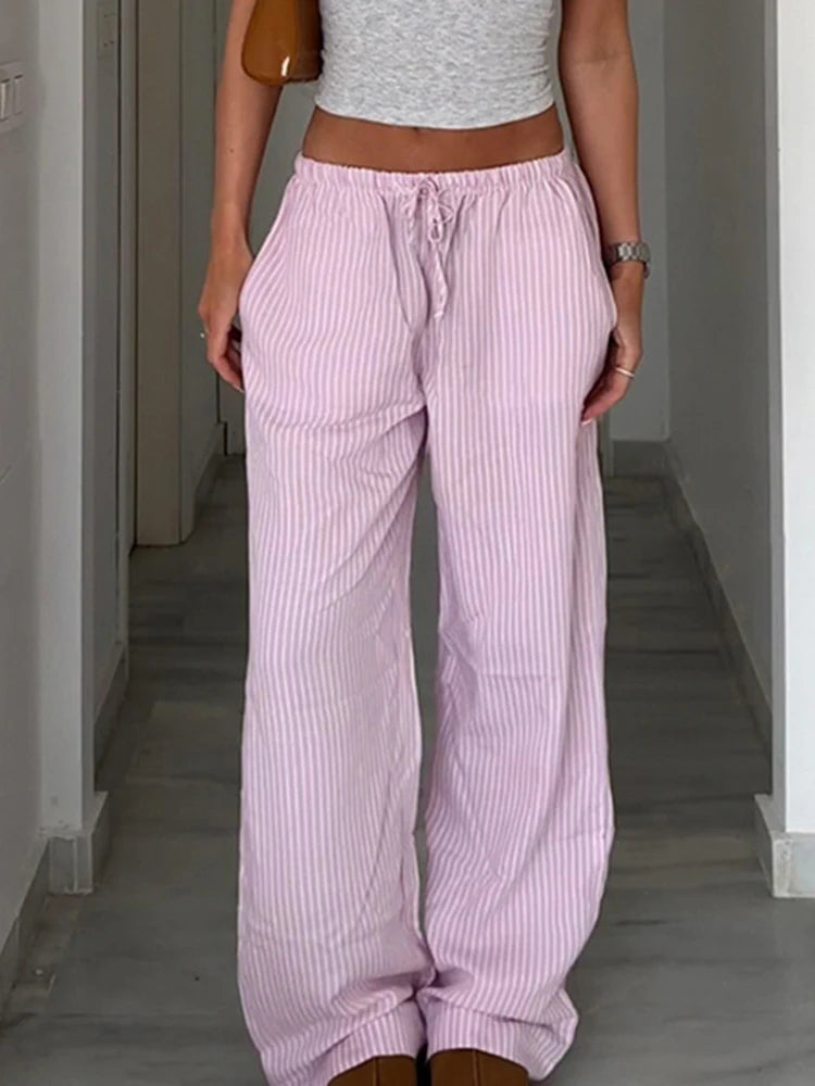 Streetwear Striped Loose Trousers Lace Up Joggers Y2K