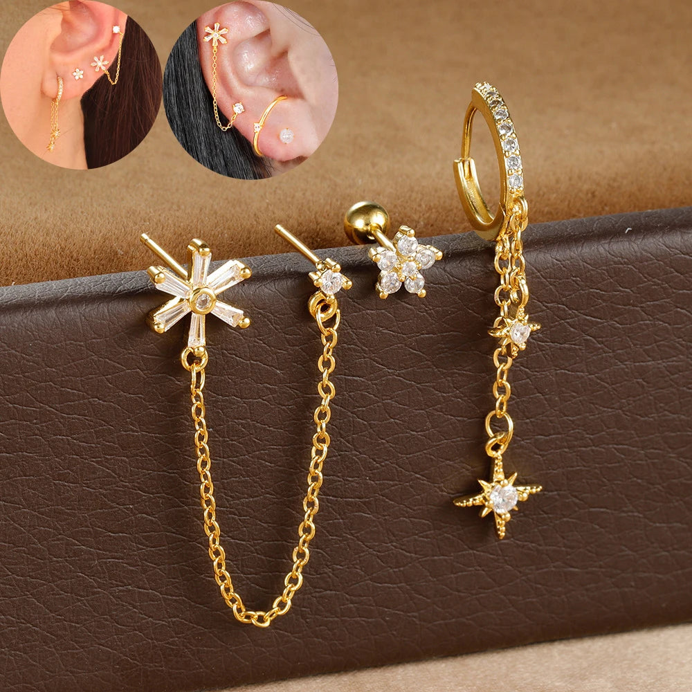 3PCS Gold-Plated Stainless Steel Stud Earrings Set for Women with Zircon Cartilage Piercing Fashion Jewelry