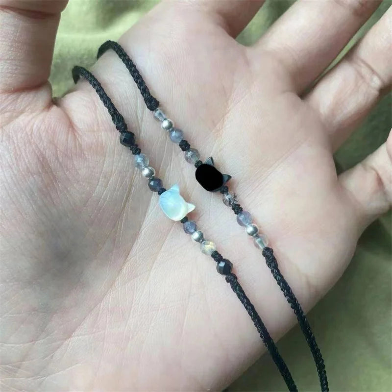 Moonstone and Obsidian Cat Bracelets Set for Couples - Minimalist Handmade Party Jewelry Gift