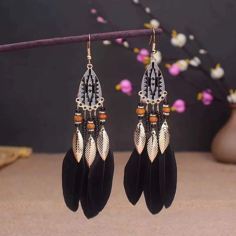 Bohemian Long Feather Drop Earrings with Tassel Beads and Enamel Flowers for Women