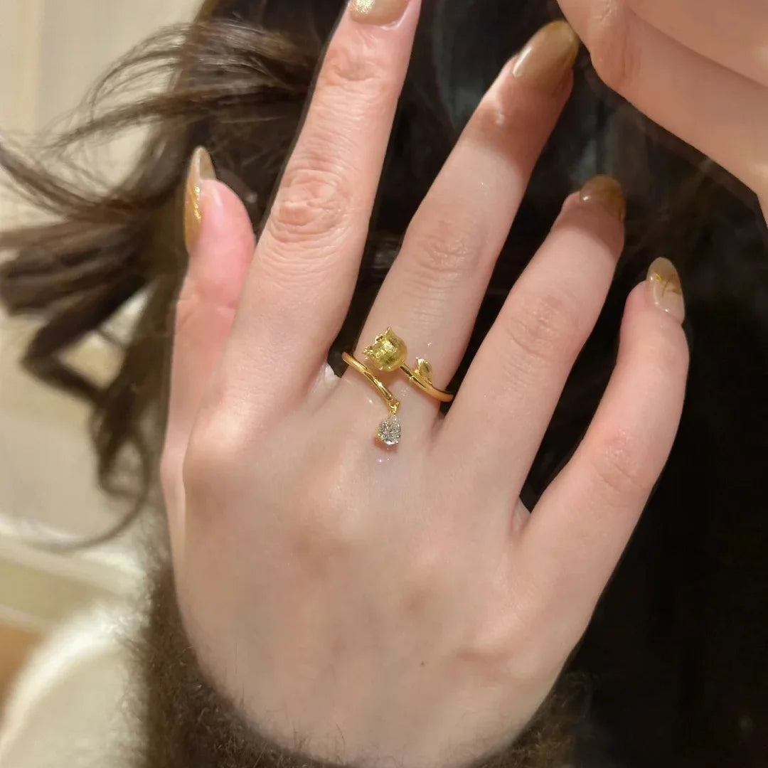 Exquisite Lily of the Valley Gold Adjustable Ring with Zircon Inlay for Women