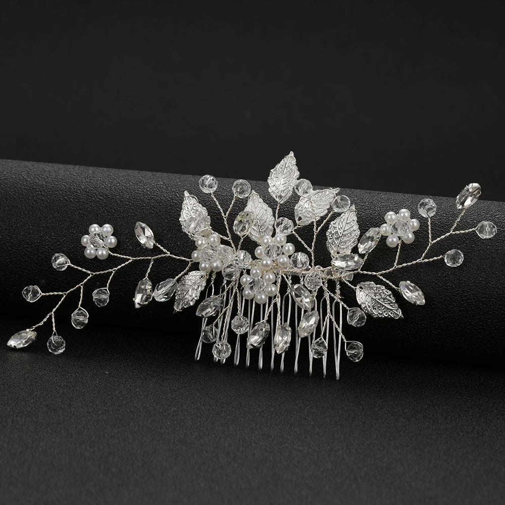 Crystal Pearl Leaf Hair Comb Clip - Handmade Wedding Tiara for Brides Style 9