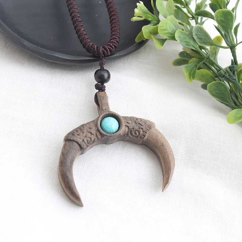 Vintage Long Sweater Chain Necklace for Women with Handmade Sandalwood Pendants in Ethnic Style