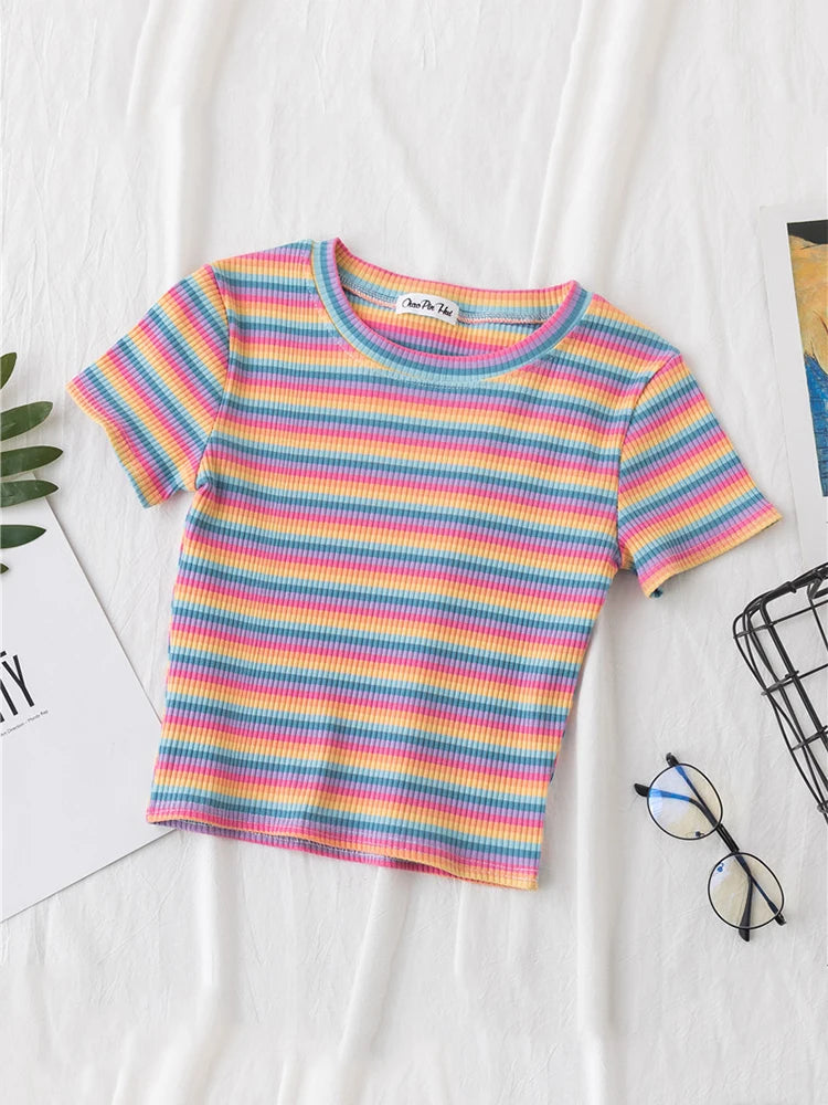 Rainbow Stripe Slim Fit Women T Shirt Short Sleeve Harajuku