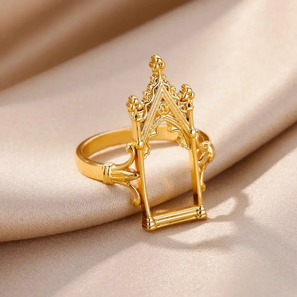 Gold Plated Stainless Steel Magic Mirror Rings for Women - Aesthetic Wedding Crown Design with Castle, Flower, and Leaf Motifs Luxury Jewelry