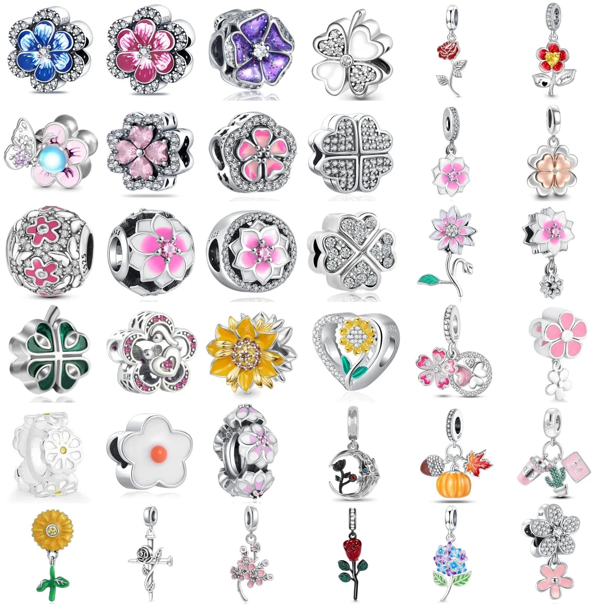 925 Sterling Silver Charm Beads for Women Bracelet - Four-Leaf Clover and Sunflower Design