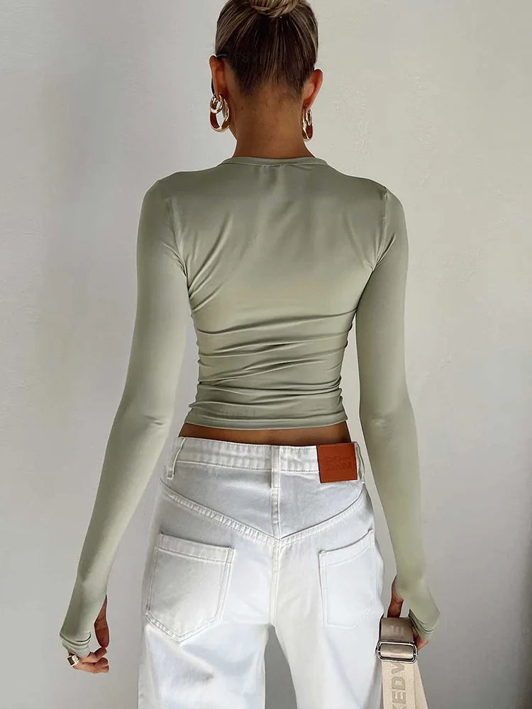 Dozw Women Long Sleeve Crew Neck Crop Top With Thumb Holes