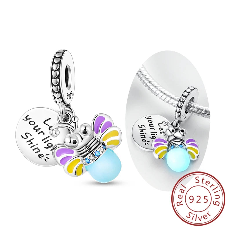 Glowing Firefly Butterfly Charm Bead 925 Sterling Silver Pendant for Bracelets KTC655
