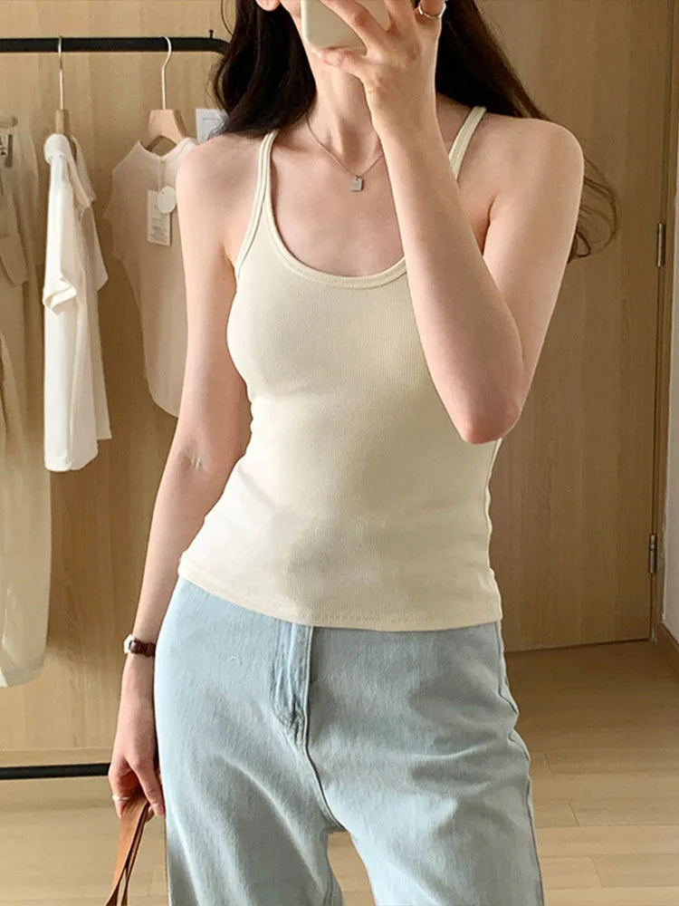 Summer Solid Slim Knit Tank Top For Women Casual Cotton