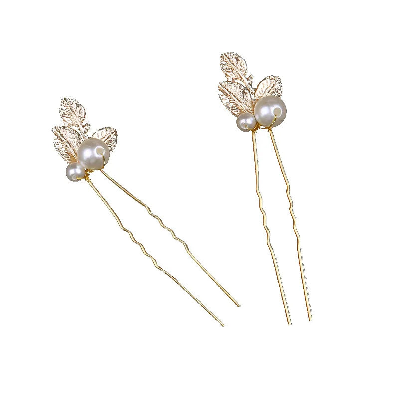 Golden Pearl Leaf Hairpins Set Bridal Wedding Accessories