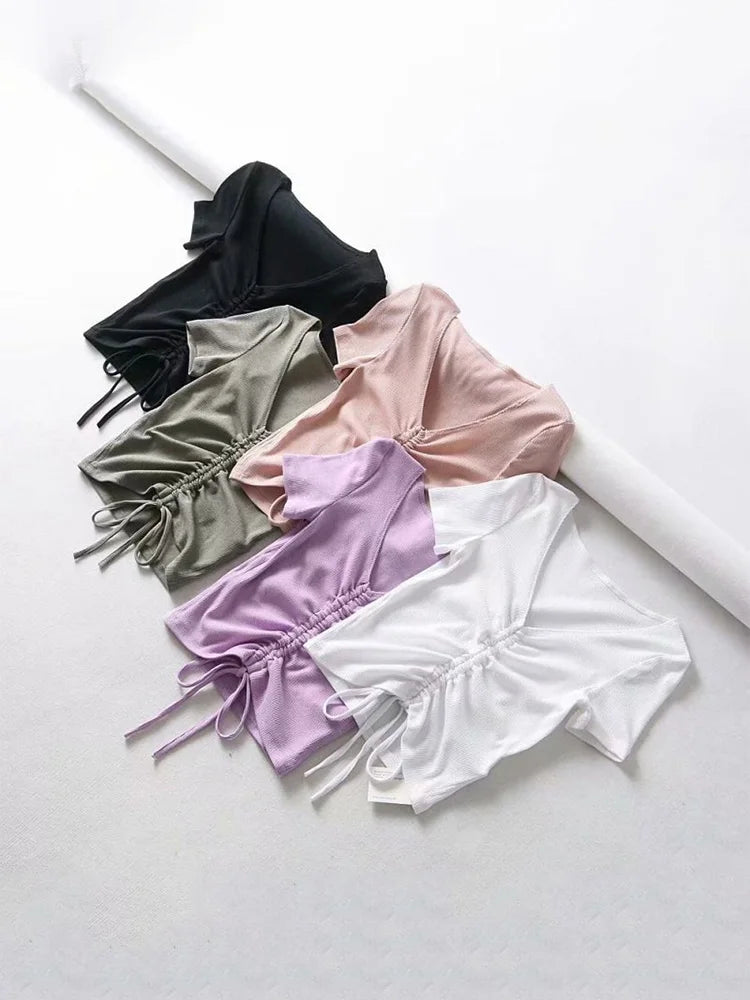 Women Candy Colors V Neck Cropped Tank Top Drawstring Tie