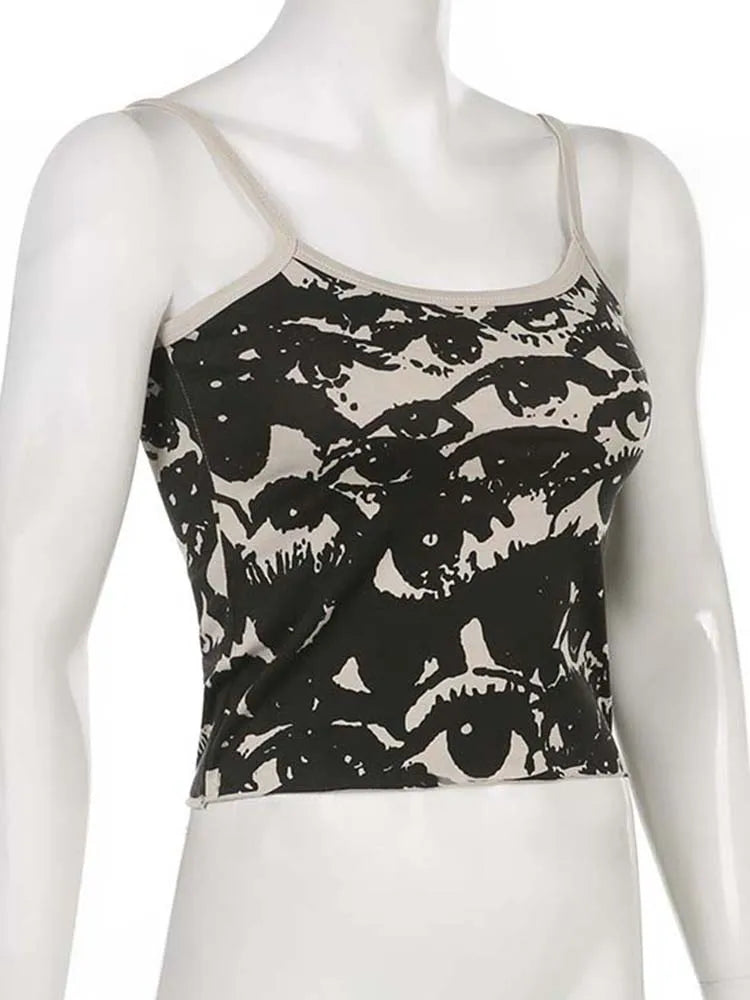 Gothic Portrait Print Tee Y2K Crop Top With White Suspenders