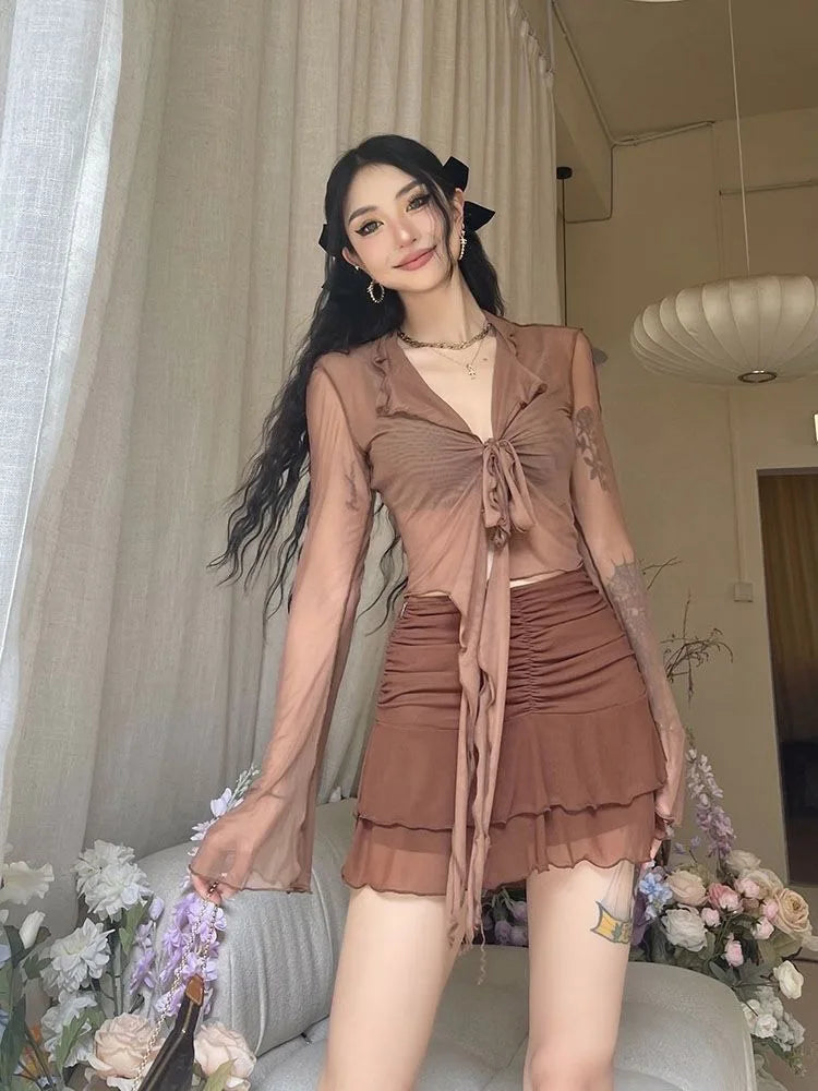 Long Flare Sleeve Lace Up Mesh Blouse Korean Fashion Chic