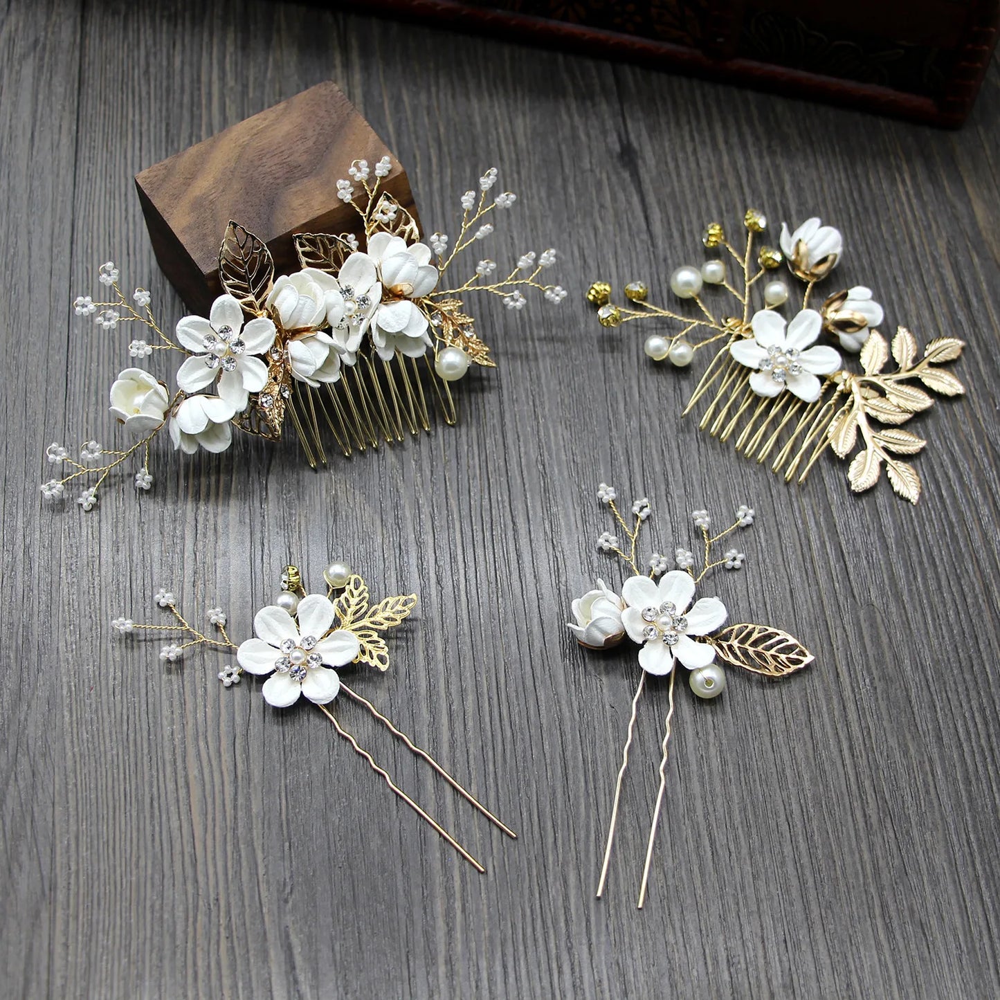 Elegant Bridal Pearl Hair Accessories Set – Floral Tiara, Barrette, and Combs for Wedding Elegance