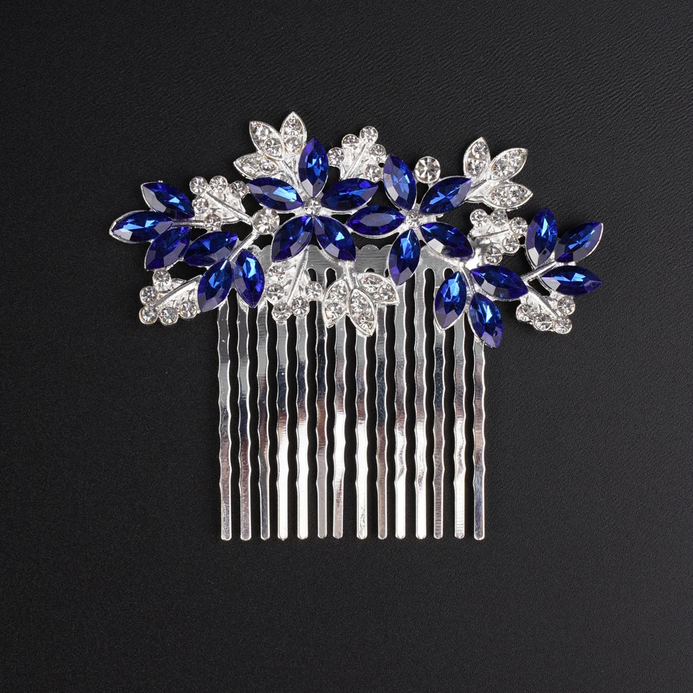 Elegant Bridal Silver Blue Rhinestone Flower Leaf Hair Comb for Weddings and Special Occasions