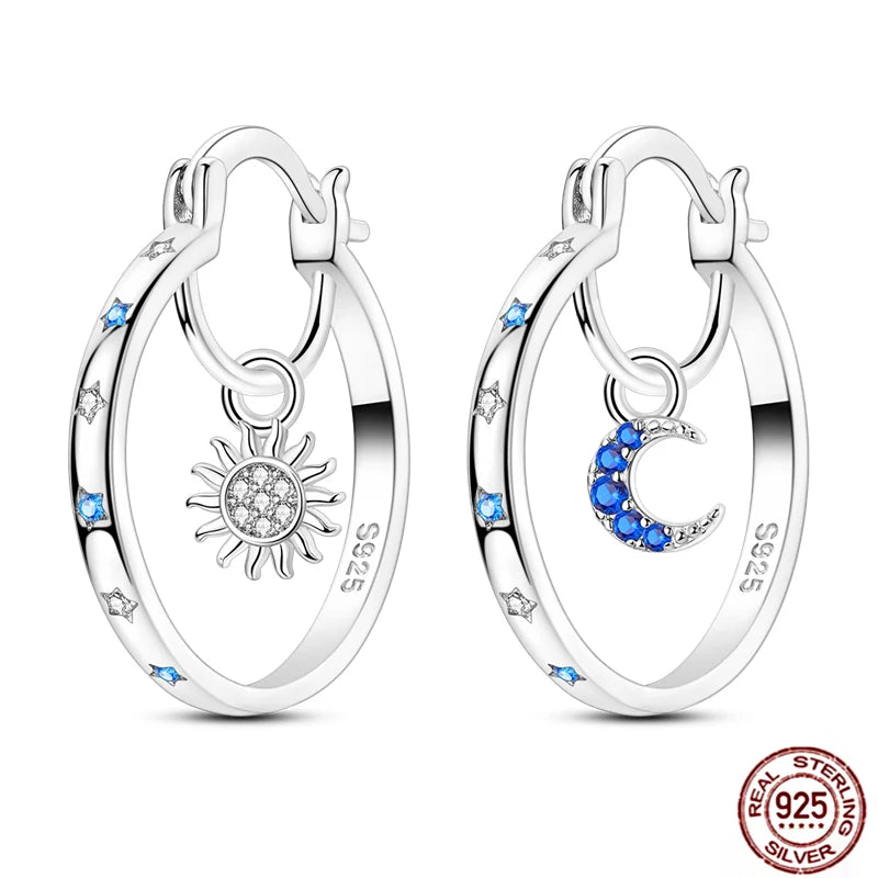 Blue Zircon 925 Sterling Silver Hoop Earrings Star Moon Butterfly Jewelry LTE428
