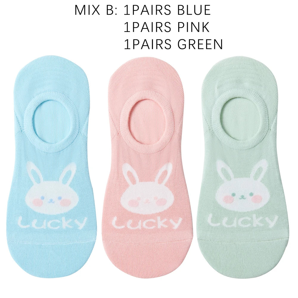 Kawaii Rabbit No Show Socks For Women 3 Pairs Cotton