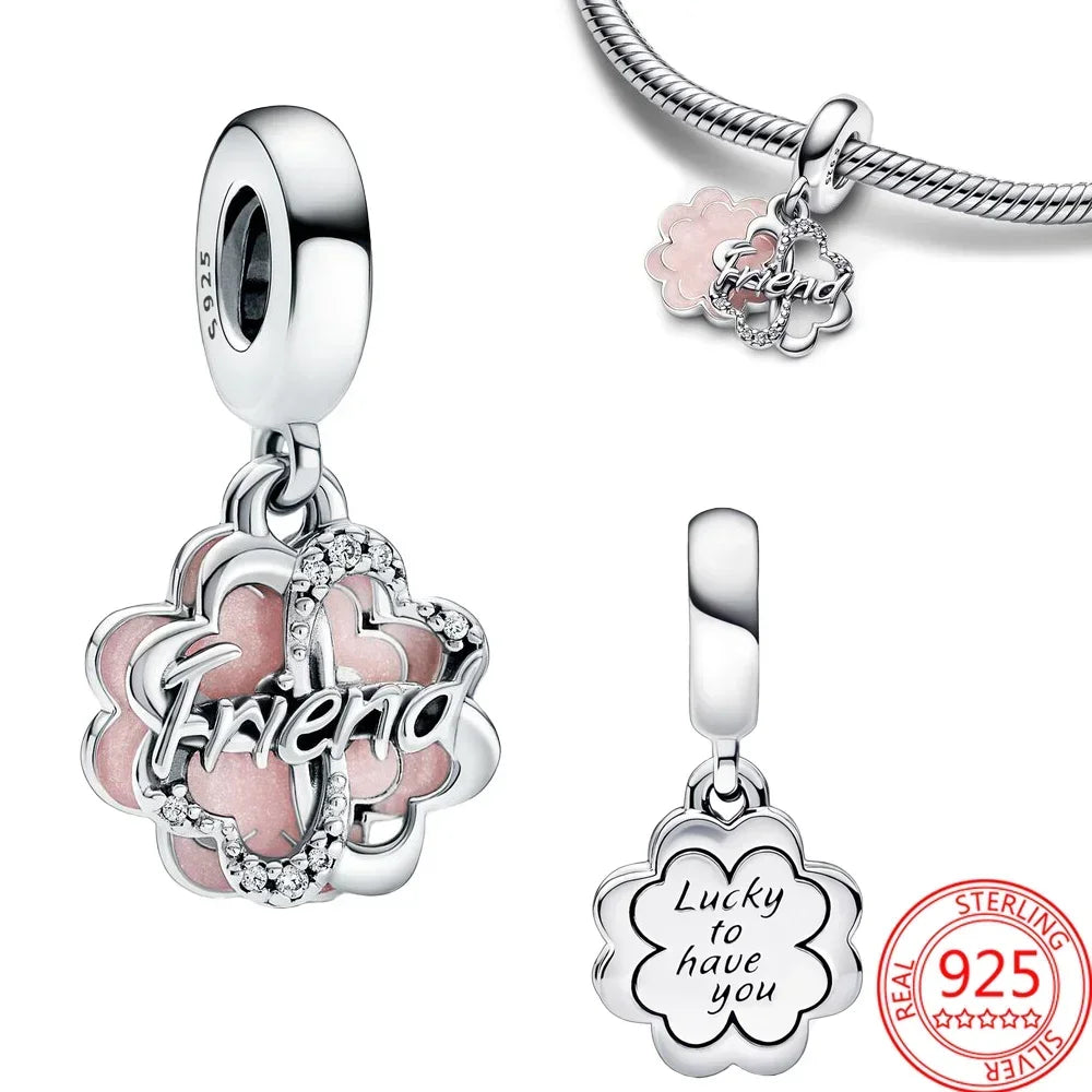 Lucky Four Leaf Clover Dangle Charm Sterling Silver Family Tree Flower Bead Pendant for Bracelets and Necklaces
