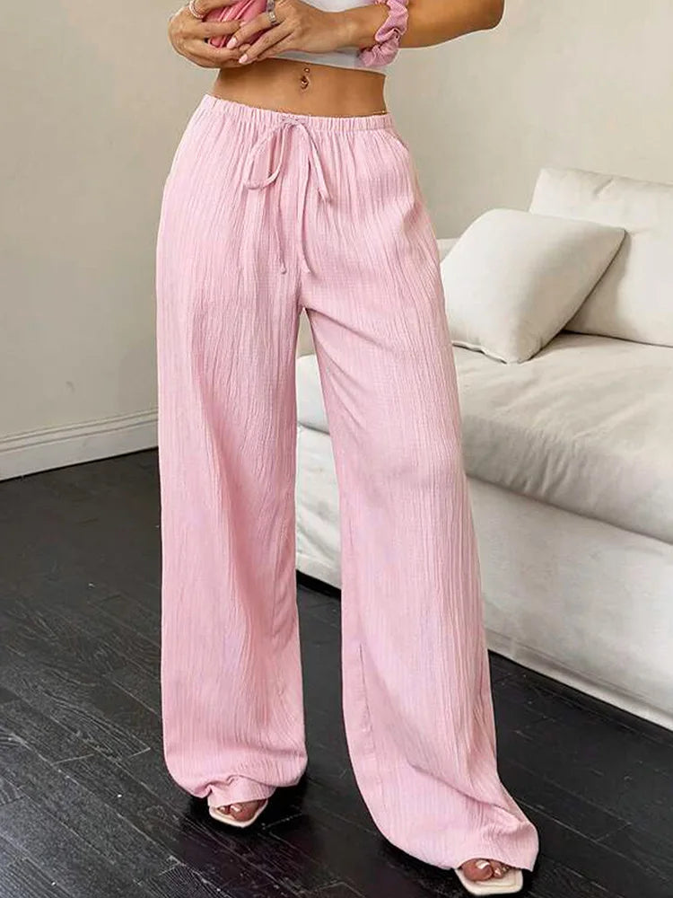 Summer Pink Lace Up Streetwear Trousers For Women Casual