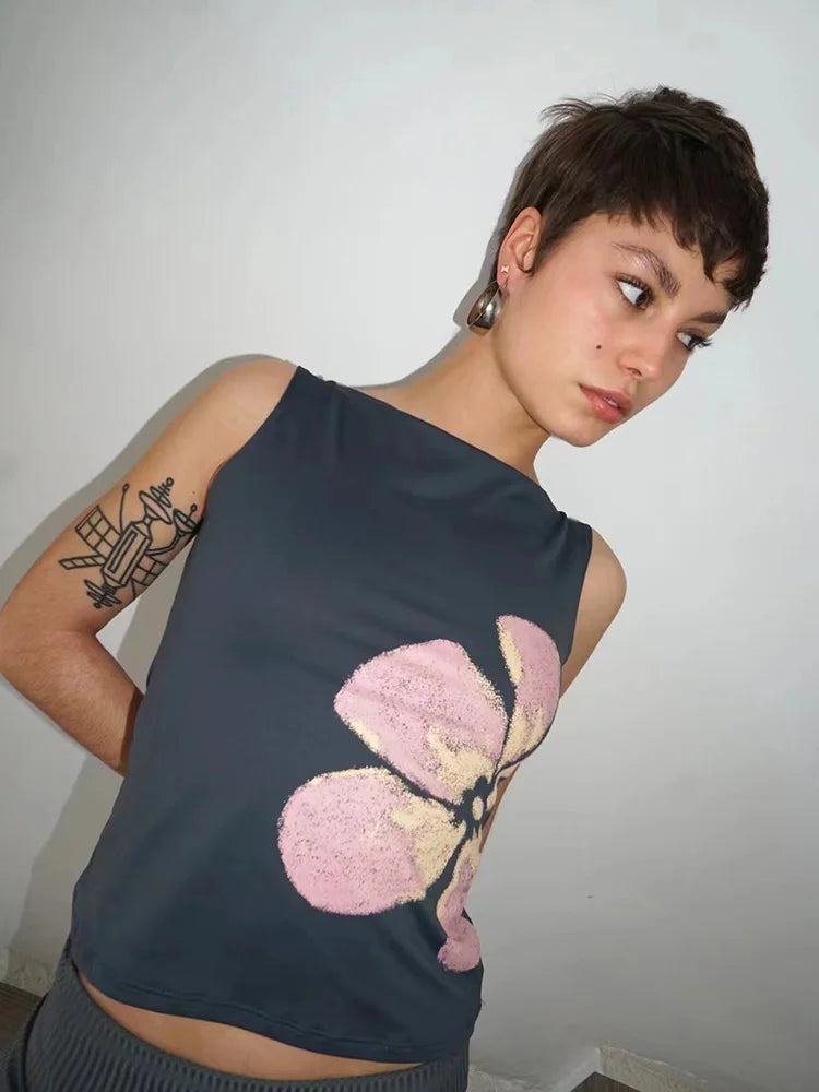 2025 Women Fitted Floral Crop Tank Boat Neck Summer Top