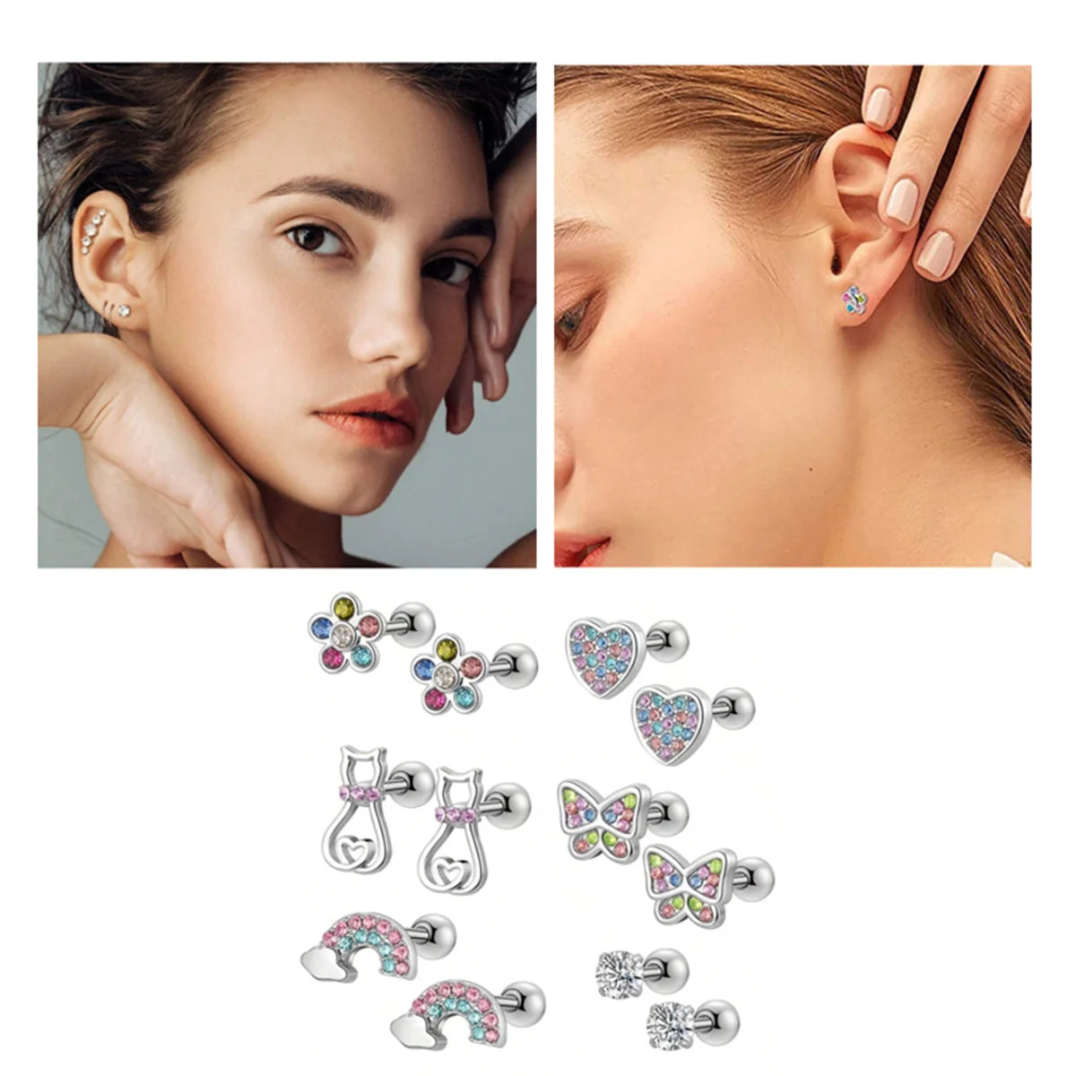 Chic Stainless Steel Stud Earrings Set with Cubic Zirconia and Cute Motifs