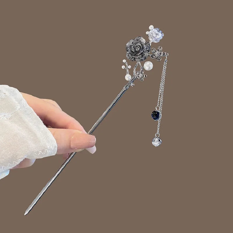 Elegant Ink Flower Tassel Hairpin Forks for Women - Modern Hanfu Hair Jewelry with Black Beads Fringe
